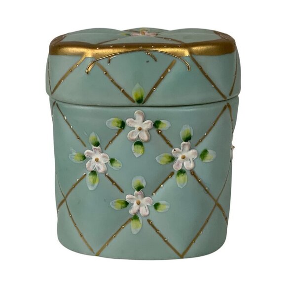 Vintage Vanity Hidden Lint Brush in Ceramic Box With Floral Design Gold Accents - Picture 2 of 7